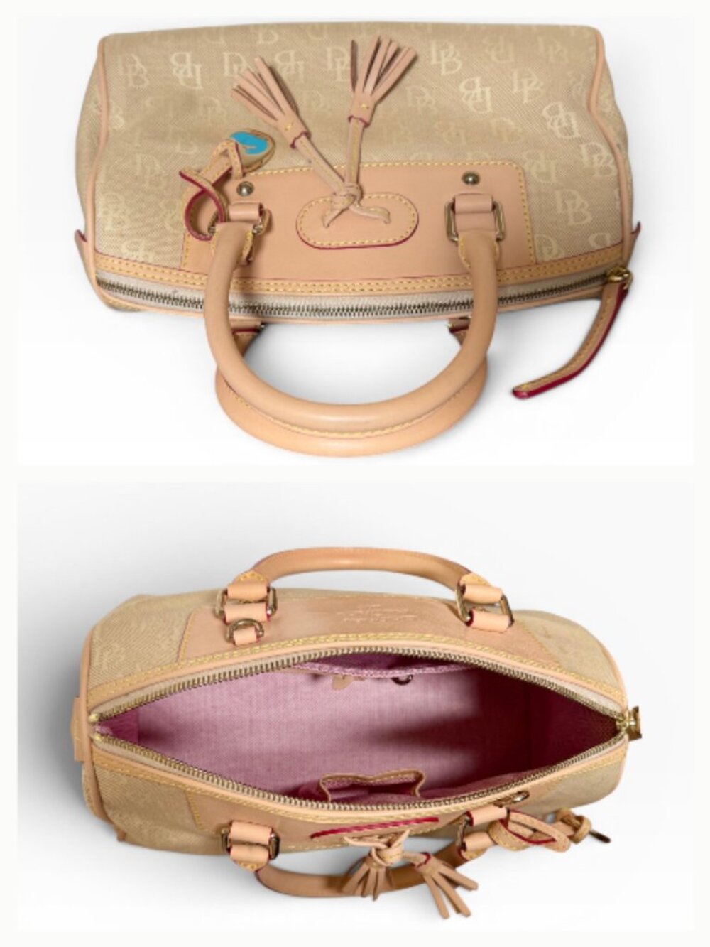 Dooney & Bourke Beige DB Monogram Canvas Bowler Satchel Leather Tassel Charm Bag - Picture 6 of 12